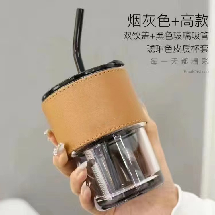 Online Red High-Looking Value Bamboo Joint Cup Ins Portable with Cover Coffee Cup Cup with Straw Creative Office Glass Straw Cup Cup with Straw