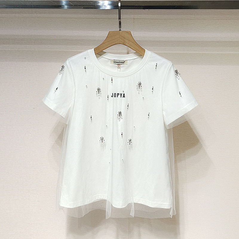 1件起批2024夏女装 q124105e网纱水钻钉珠宽松短袖t恤上衣s240504