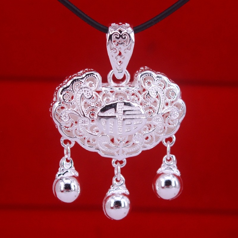 足银990镂空长命锁吊坠宫廷锁福字长命百岁直播引流送礼厂家供应