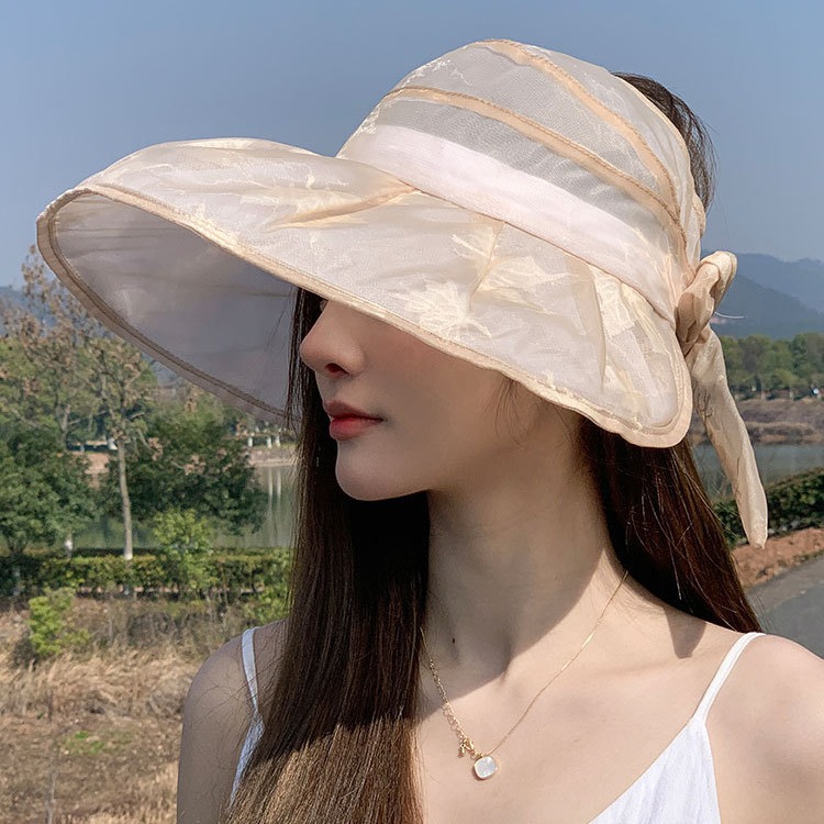 防晒空顶帽女夏季大檐遮脸高马尾帽子可折叠出游扎辫子游玩太阳帽