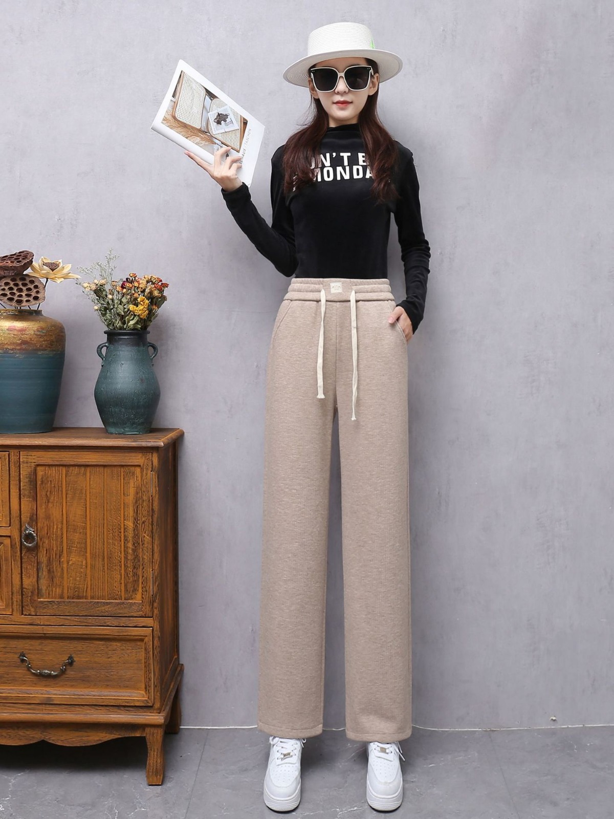 2023 Women's New Autumn and Winter Loose Slimming Casual Versatile Solid Color High Waist Straight Casual Pants for Women
