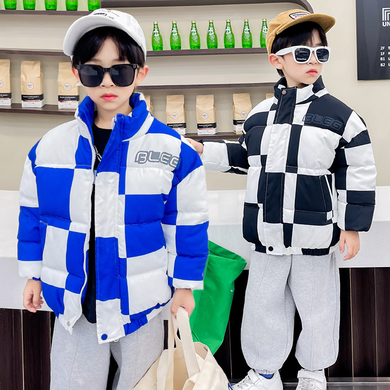 Winter New National Fashion Children's Cotton Clothes Boys and Girls Fleece Lined Coat Coat Medium and Big Children Plaid Stand Collar Coat Cross-Border