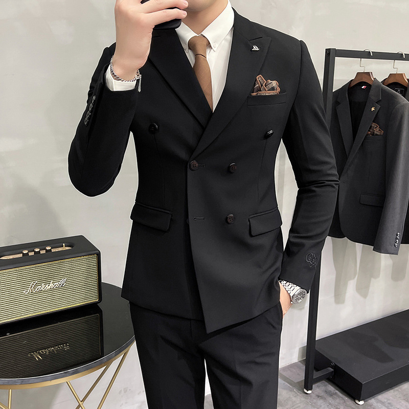 双排扣西装男士新款秋季刺绣西服套装 修身韩版轻商务西装两件套