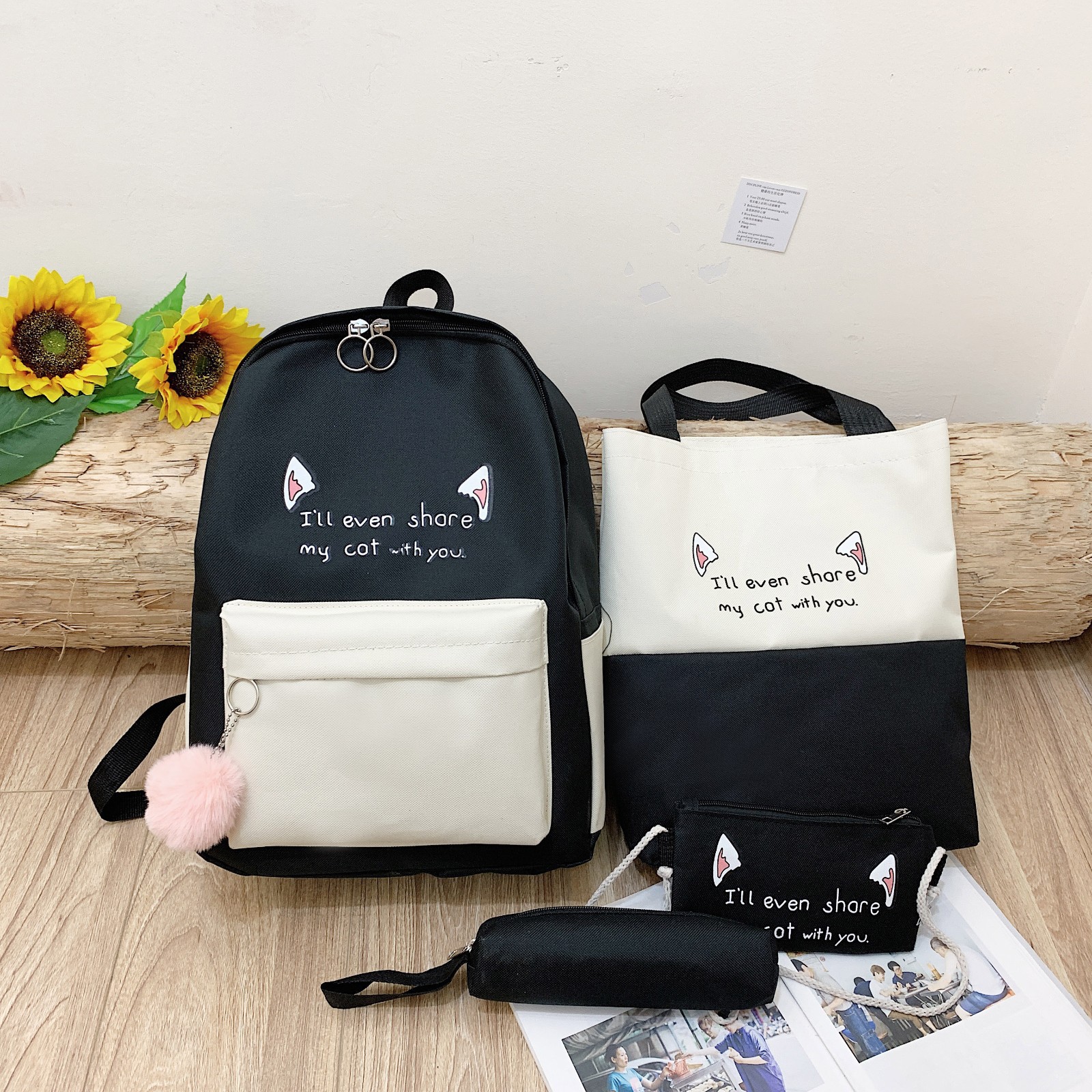 Internet Celebrity Bags Women's Preppy Style Four-Piece Contrast Color Backpack Fashion Large Capacity High School Junior High School School Bag Backpack