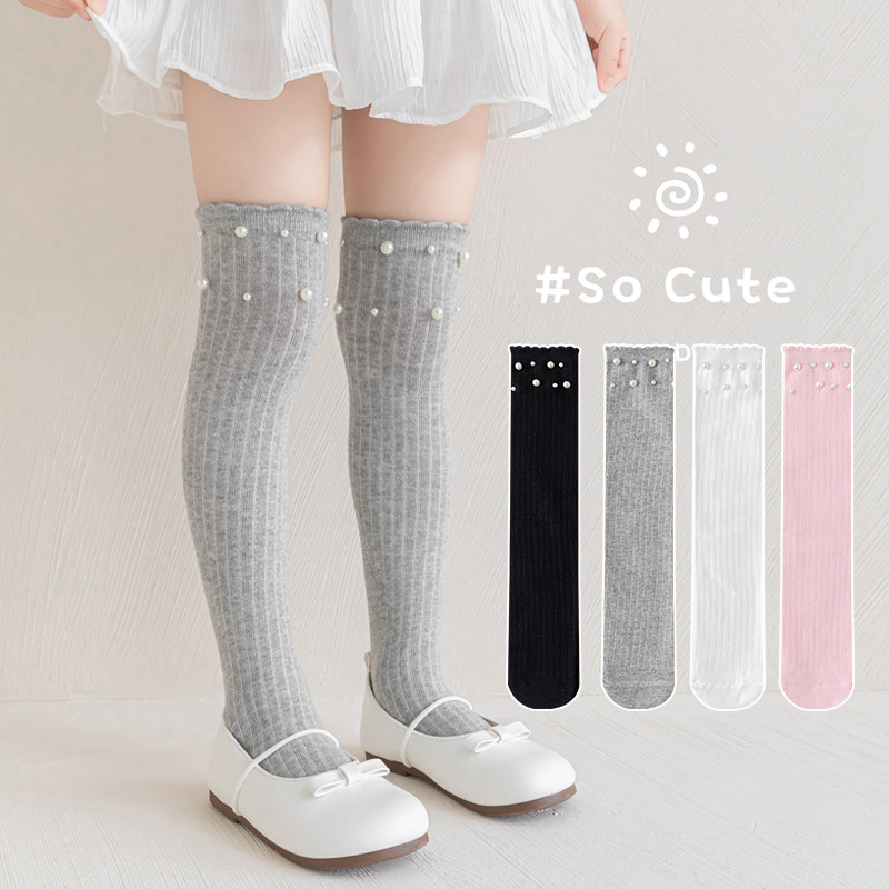 儿童中筒袜春秋女童长筒袜洋气珍珠宝宝过膝高筒袜棉堆堆袜半截袜