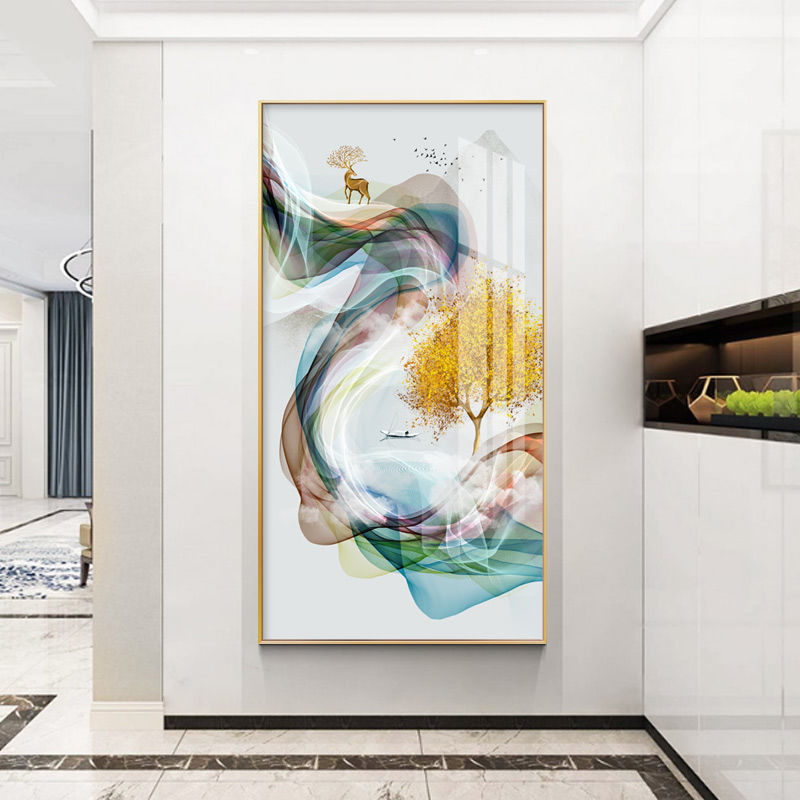 北欧玄关装饰画进门墙挂画竖版入户喷绘有框轻奢风招财鹿背景墙画