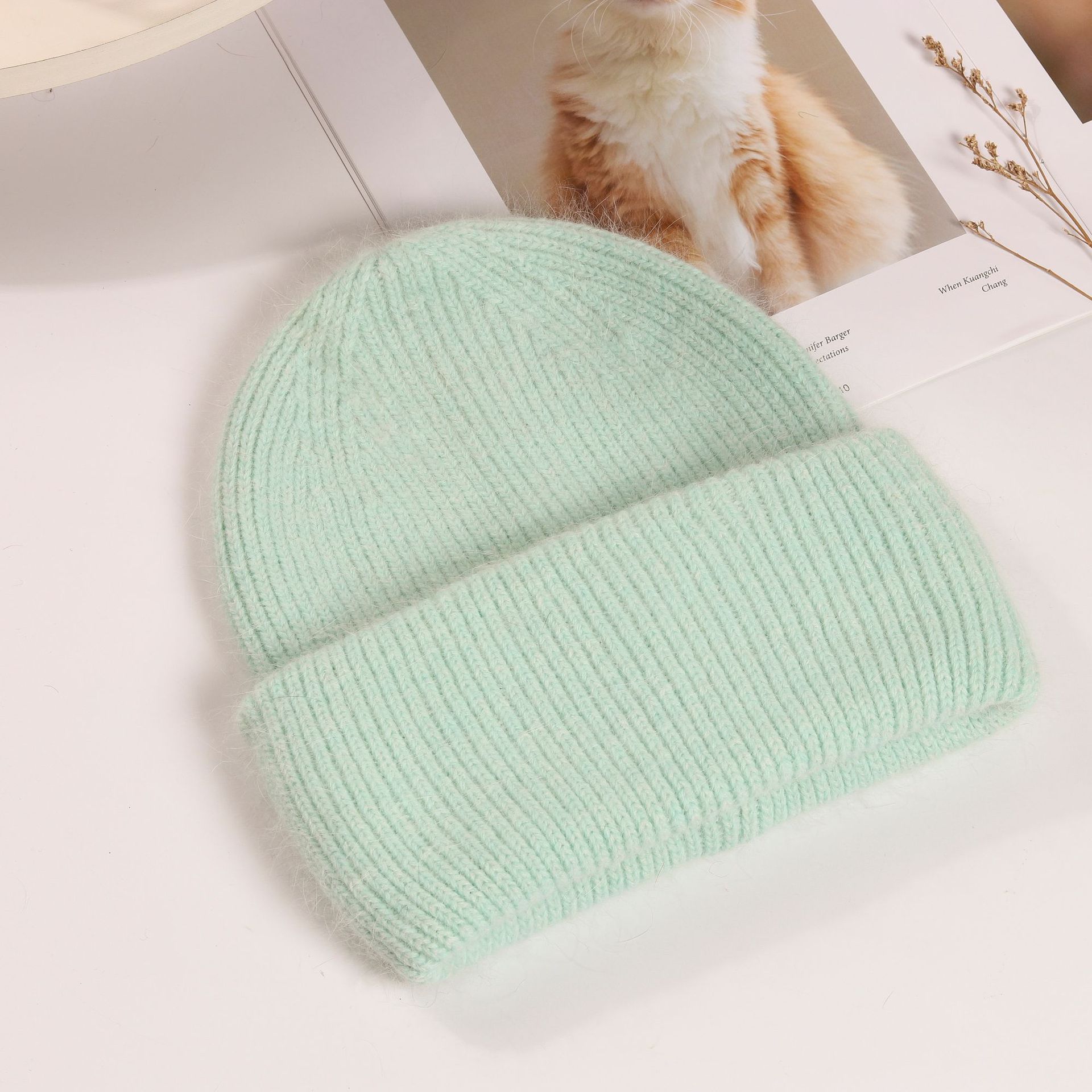 Winter Hat Korean Style Rabbit Fur Sleeve Cap Hat Female Angora Rabbit Fur Knitted Hat All-Matching Warm Woolen Cap