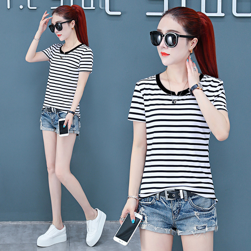 Striped T-shirt Short Sleeve Women Ins Women's Fashion Clothing 2023 Summer New Loose Large Size Top Casual One Piece Dropshipping