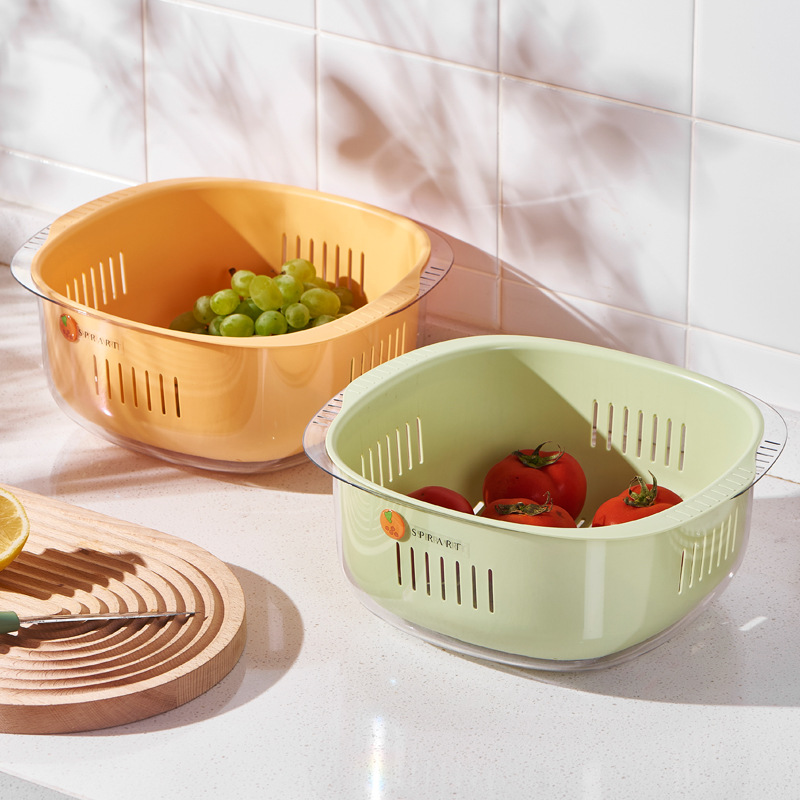 Nordic Style Double-Layer Drain Basket Plastic Transparent Washing Vegetable Basket Basin Kitchen Multi-Function Storage Basket Vegetable Washing Fruit Plate