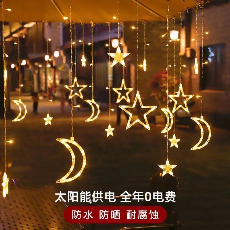 Led Solar Star Moon Light Curtain Light Atmosphere Decoration Starry Sky Lighting Chain Outdoor Courtyard Cloth Color Light Set Wholesale