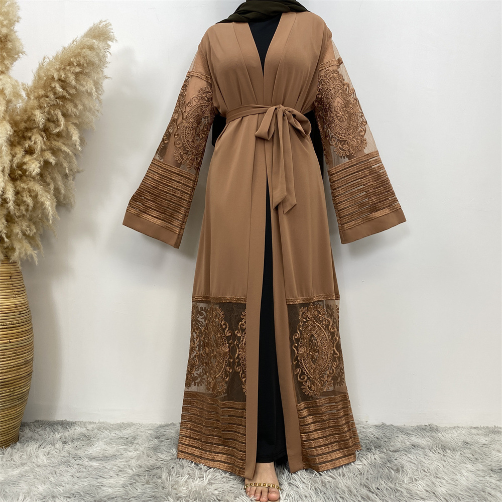 European and American Fashion Best-Seller Cardigan Women's Clothes Embroidered Mesh Dubai Robe Dress 1546
