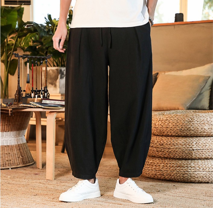 2021夏季中国风男士棉麻裤子宽松大码直筒灯笼裤男休闲阔腿长裤