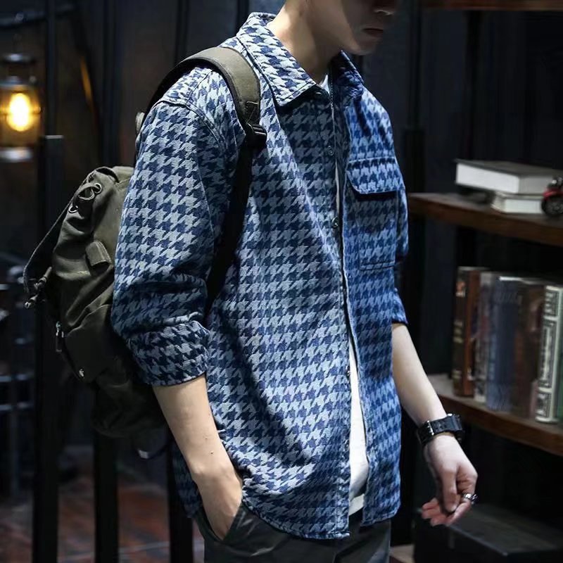 痞帅衬衫男长袖ins情侣网红棋盘格衬衣春秋新款宽松日系休闲外套