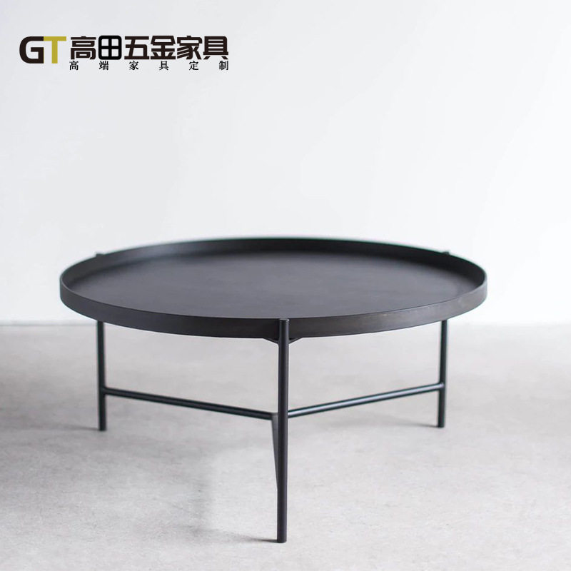 侘寂风茶几 意式极简黑色铝合金圆茶几边几组合 工业风茶桌几