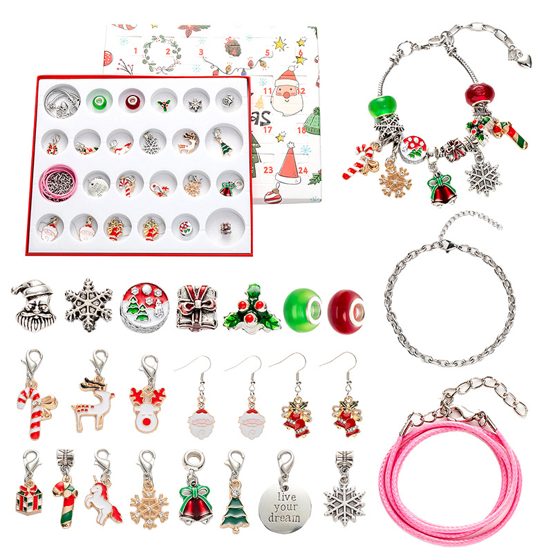 Hot Sale DIY Creative Children Bracelet Ornament 24 Grid Calendar Christmas Festival Surprise Blind Box Silver Suit