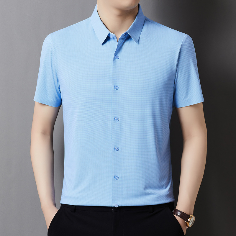 花公子男士无痕桑蚕丝短袖衬衫夏季翻领时尚休闲格子衬衣男爸爸装
