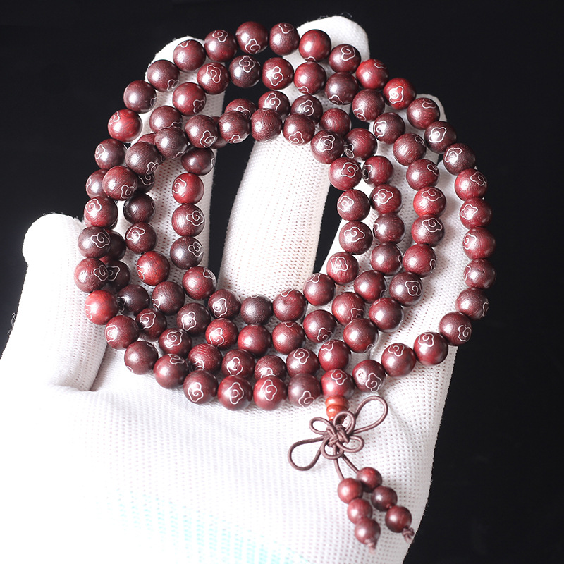 天然小叶紫檀文玩手串 云纹圆珠108颗佛珠手链木质桶珠手持念珠