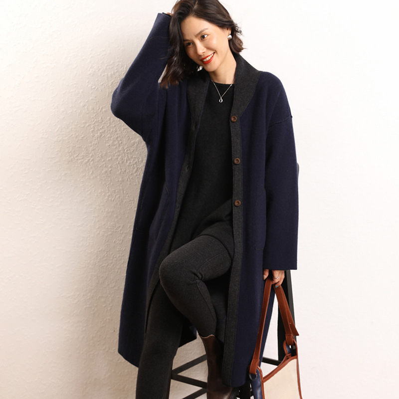 加厚羊绒大衣两面可穿纯山羊绒空气层简约开衫女中长款毛衣大外套
