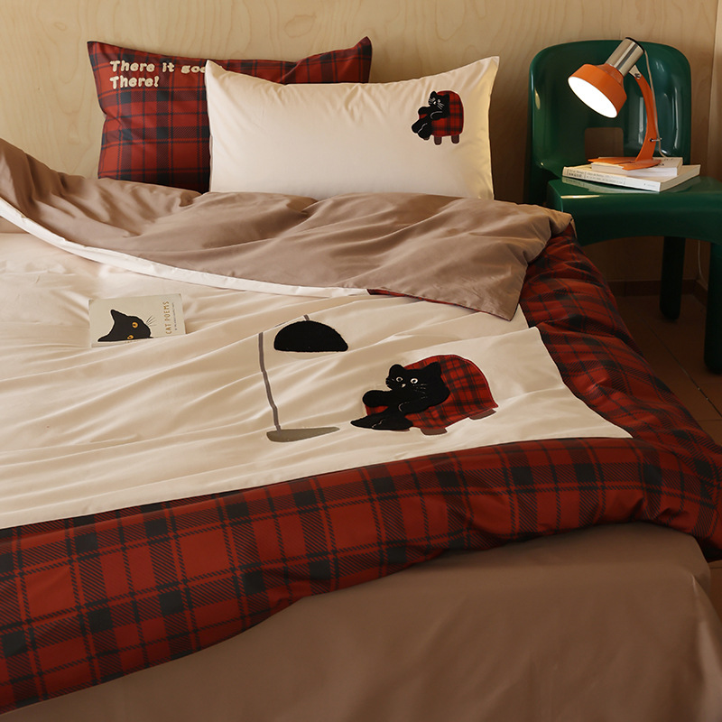 【富山草莓】复古慵懒小黑猫60支贡缎床上四件套棉料棉料床单被套
