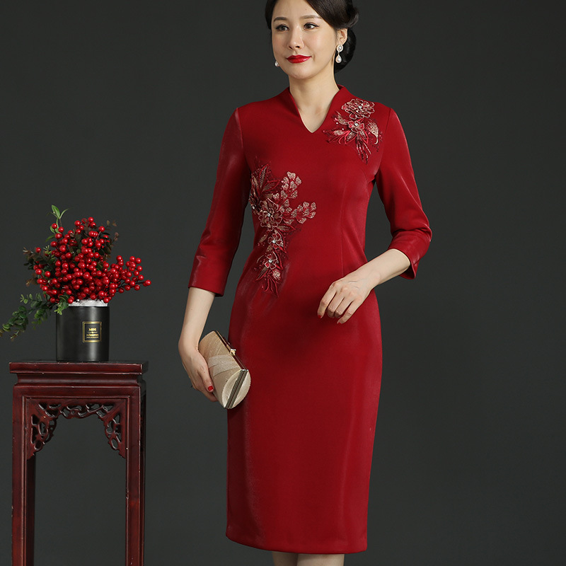 酒红色高端喜婆婆婚宴装晚礼服妈妈婚礼服高档年轻高贵秋季女装