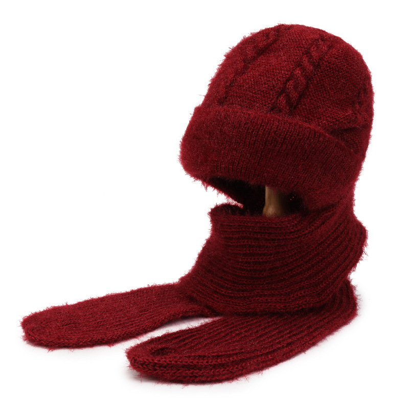 Hooded PNE-Piece Suit Women's New Fashion All-Matching Knitted Hat Riding Warm with Velvet Hat Scarf Integrated with Hat Wholesale