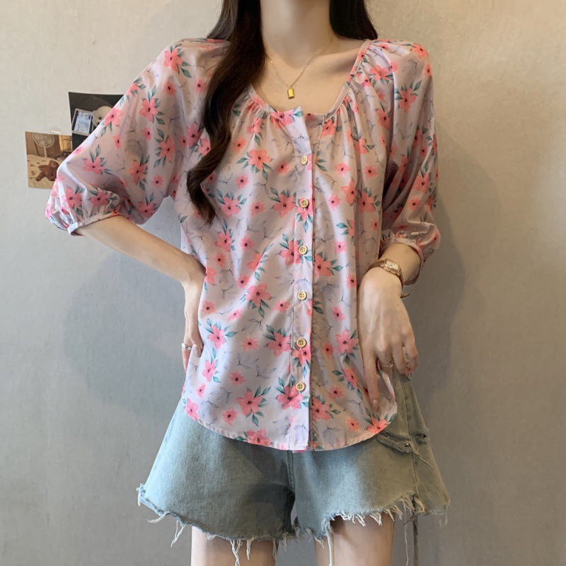 实拍夏装大码女装韩版宽松v领灯笼袖碎花衬衫娃娃衫m-4xl200斤