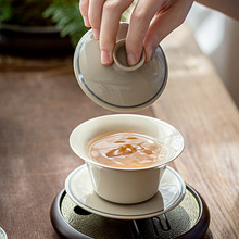 草木灰釉三才盖碗茶杯单个创意手工双线敬茶杯复古陶瓷家用泡茶碗