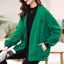 绿色卫衣开衫外套女休闲设计感时尚上衣春秋装2023新款欧货棒球服