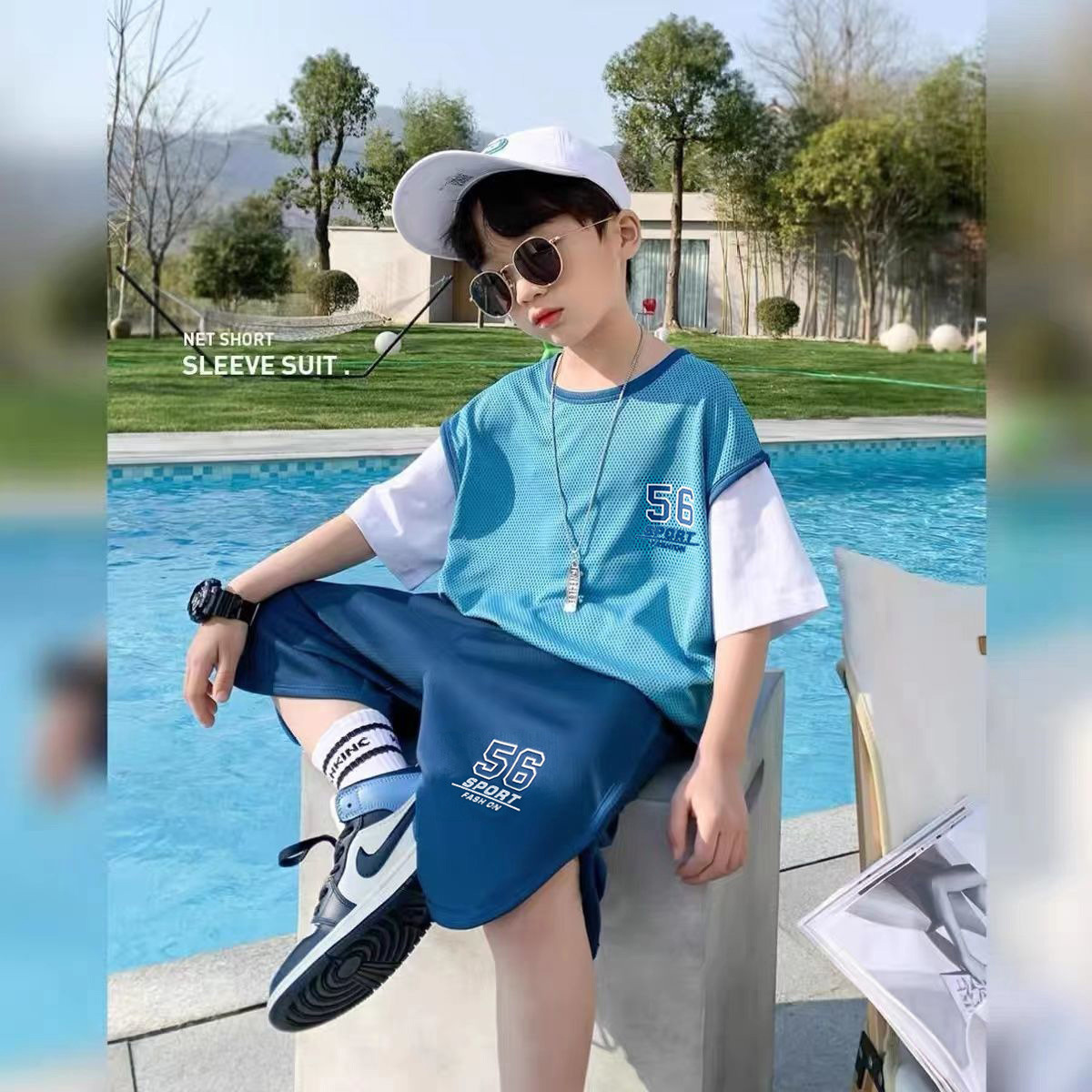 Boy's Sportswear Summer 2022 New Thin Medium and Big Children Quick-Drying T-shirt Shorts Two-Piece Children's Clothing Summer