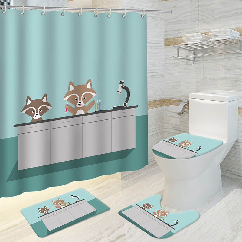 Nordic Instagram Style Shower Curtain Four-Piece Cartoon Marine Animal Digital Printing Amazon Hot Sale Bathroom Curtain Full Set