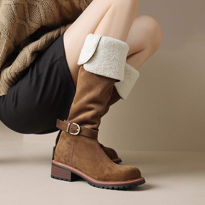真皮保暖长靴女冬季加绒加厚羊羔毛粗跟长筒靴复古高筒靴子骑士靴