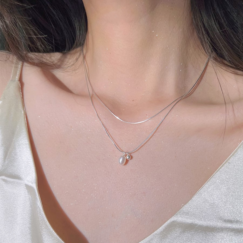 Simple Double Layer Twin Natural Pearl Necklace for Women Ins Cold Style Fashion Personalized Clavicle Chain All-Match High Sense