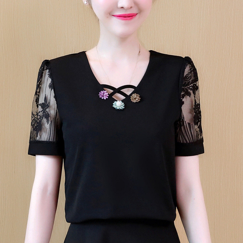 短袖雪纺衫女2024年夏装新款蕾丝半袖宽松上衣韩版显瘦女装