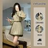 [Two suits]Sense of design personality Unique Hollow Socket sweater Split ends knitting jacket Pleated skirt