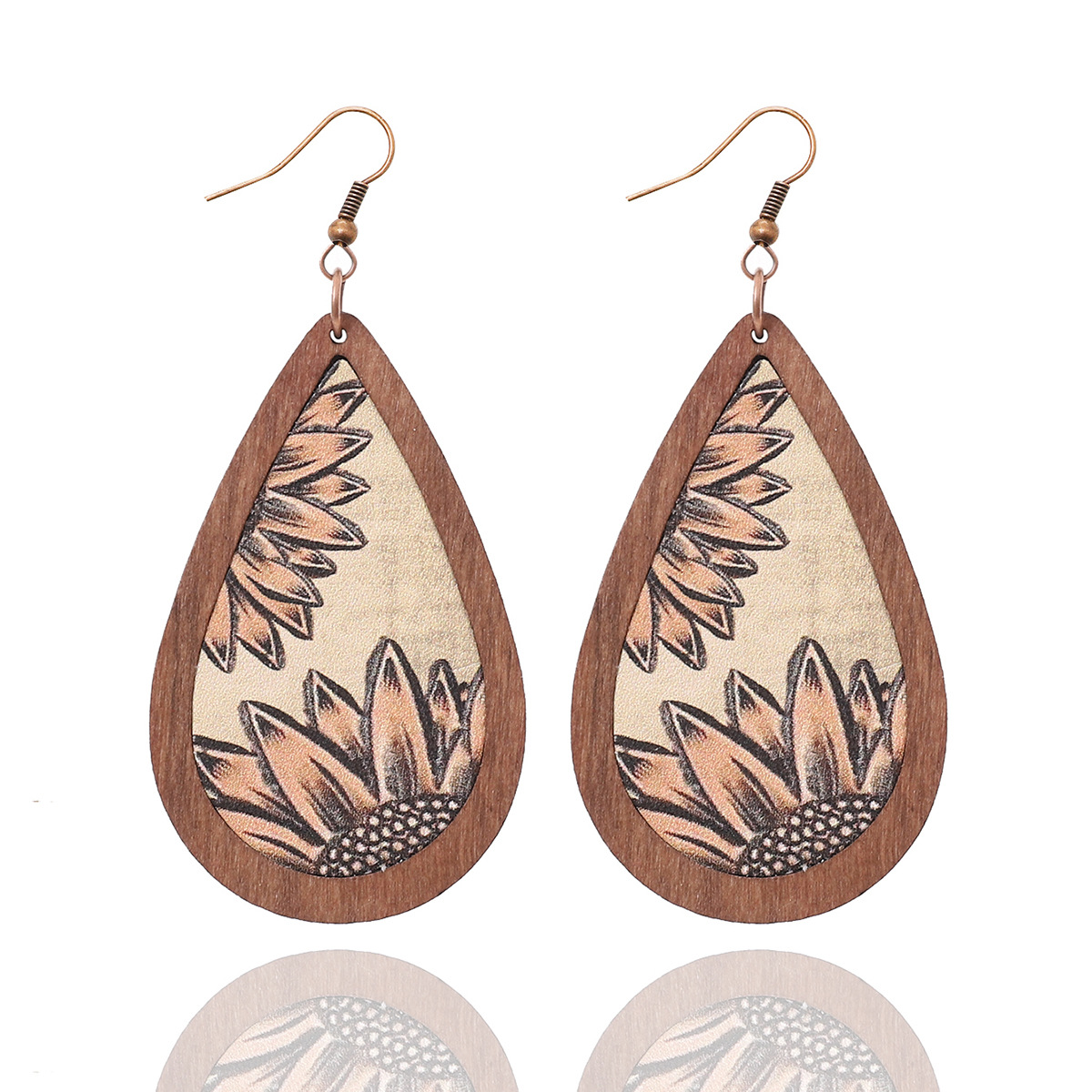 Cross-Border Western Style Vintage Water Drop Wooden Earrings Sunflower Earrings for Women Amazon AliExpress