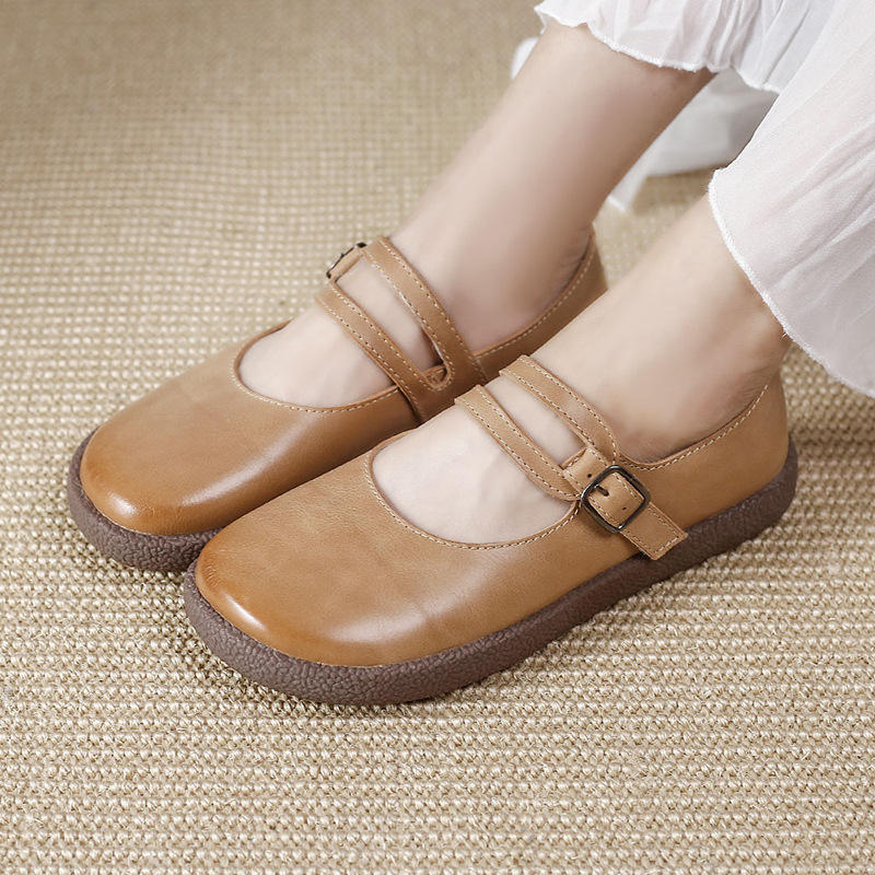 铂帝思真皮女鞋2022新款单鞋百搭 软皮搭扣森女文艺平底女式鞋子