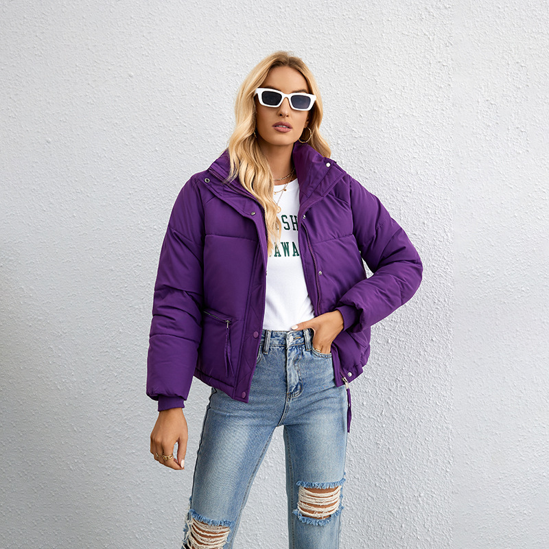 2023 Korean Style Short Stand Collar Small down Cotton-Padded Jacket Women's Simple Loose Zipper Puffer Jacket Coat Solid Color