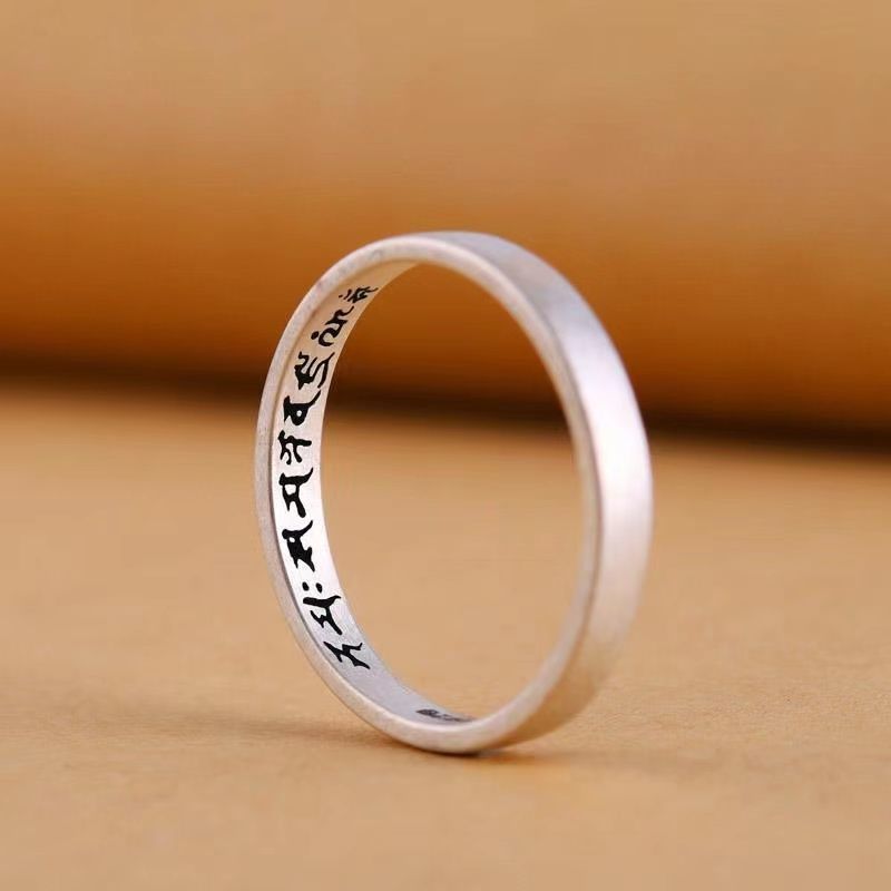 镀925纯银招财祥瑞六字真言戒指男女款复古个性活口可调节情侣指