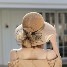 复古女士遮阳帽花朵欧根纱网眼渔夫帽可折叠式度假凉帽优雅太阳帽