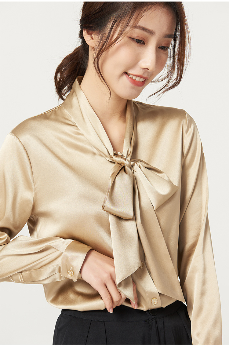 重磅真丝衬衫女2022春秋新款长袖桑蚕丝打底v领蝴蝶结大飘带衬衣