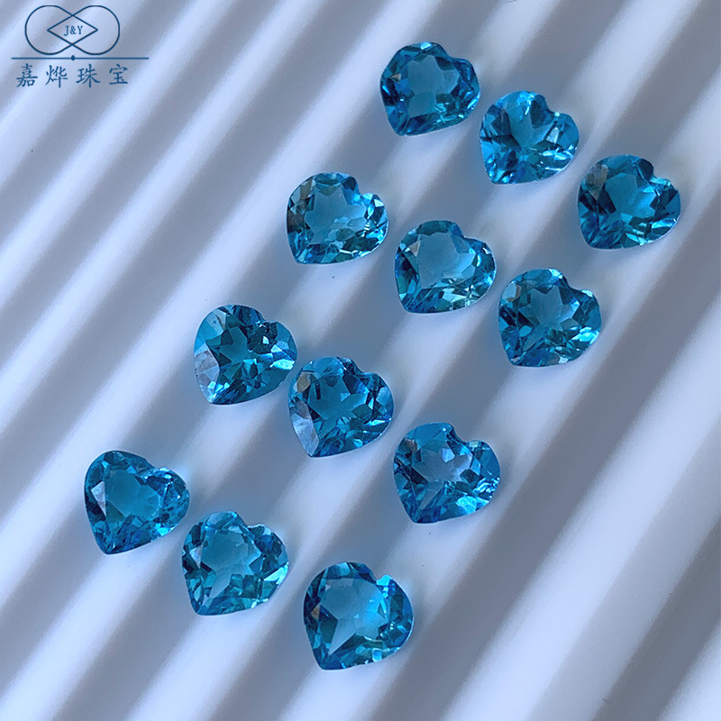 天然瑞士蓝托帕石心形戒面蓝宝石裸石戒指项链首饰k金镶嵌配石