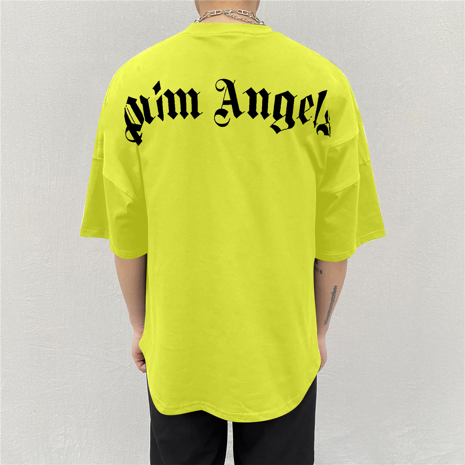 厂家批发欧美潮牌棕榈天使落肩短袖男女情侣梵文后背logo宽松t恤