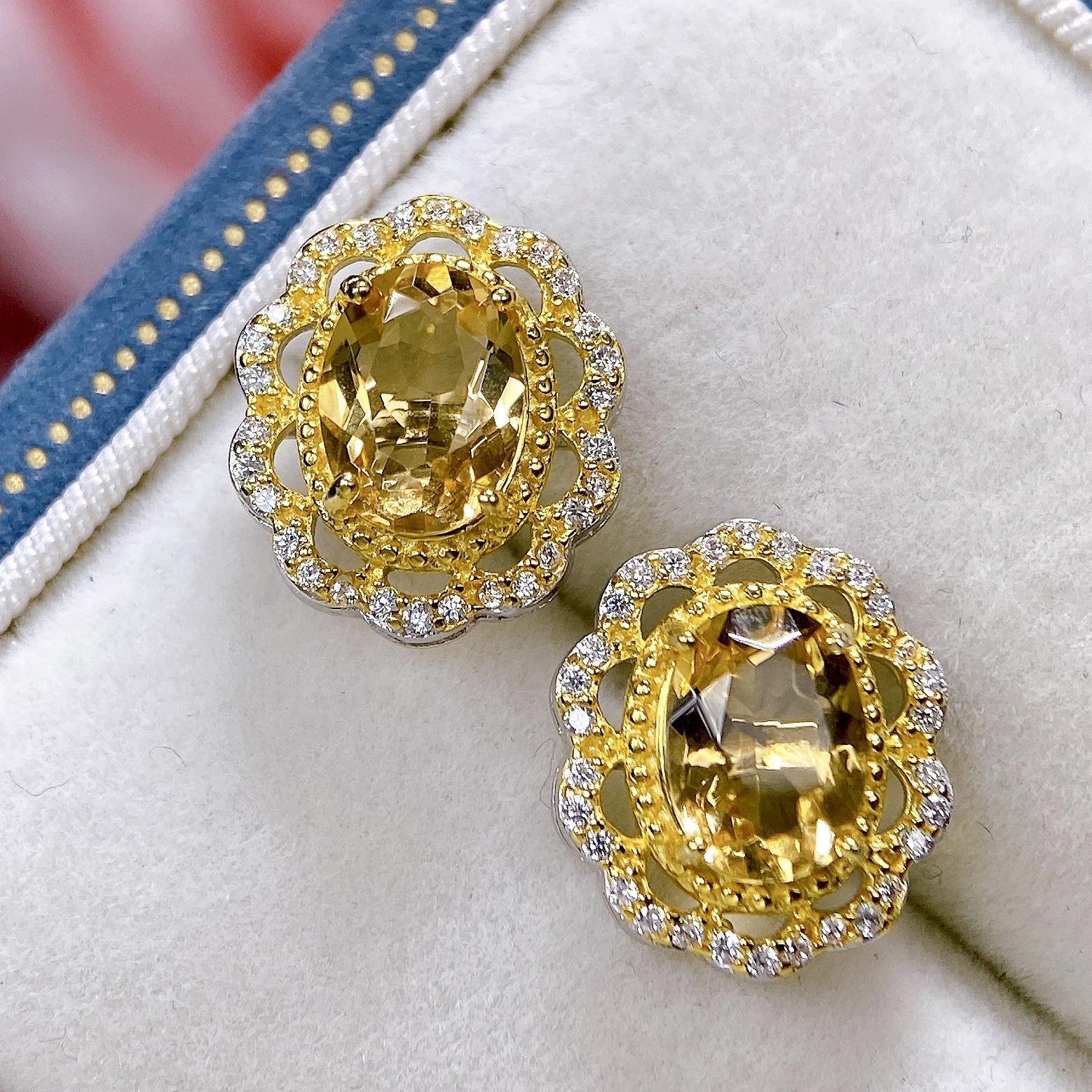 黄水晶耳钉s925银镶嵌新款天然气质设计黄水晶耳饰宫廷风直播批发