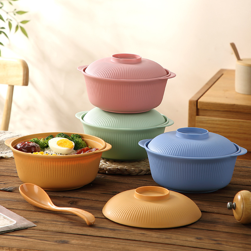 小麦秸秆砂锅碗大容量泡面汤碗带盖加厚家用PP煲锅碗跨境可定logo