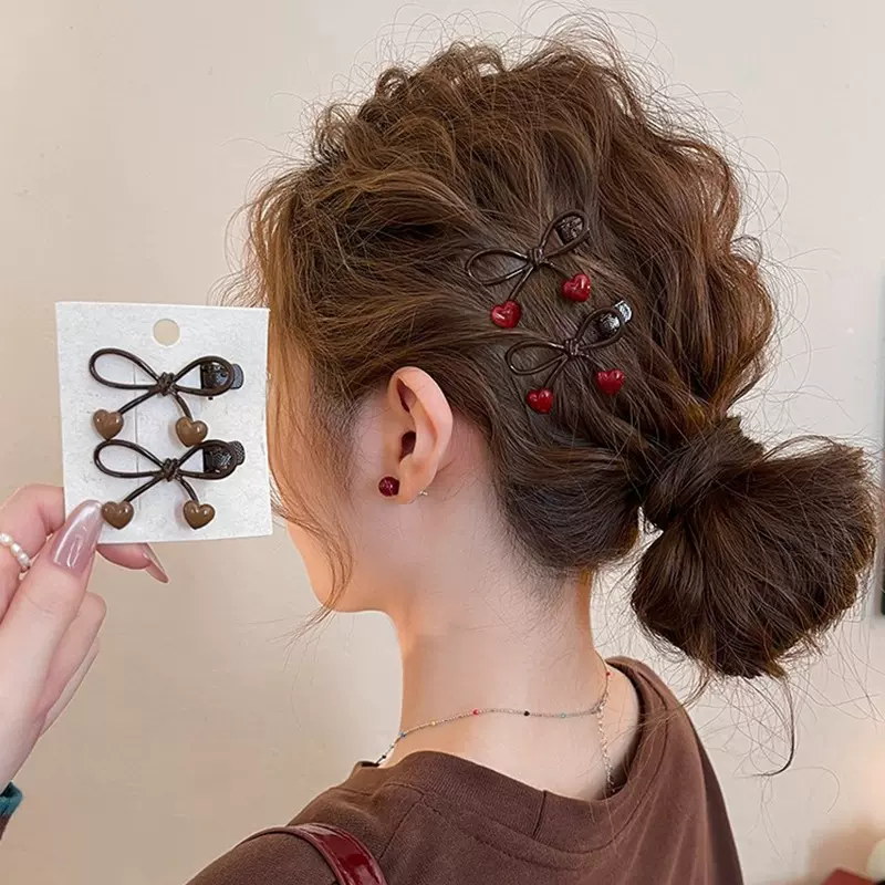 蝴蝶结发夹女咖色爱心边夹侧边前额发卡2025新款刘海夹子高端头饰