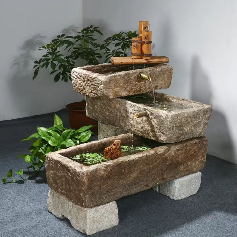 青石牛槽鱼缸马槽流水老旧石槽水景大型风水招财摆件庭院水槽喷泉