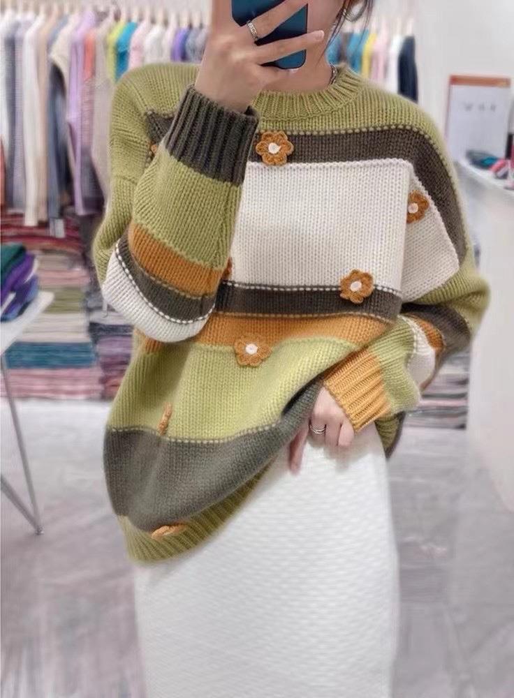拼色编织立体花朵套头羊毛针织毛衣2021秋季新款法式小众慵懒风潮