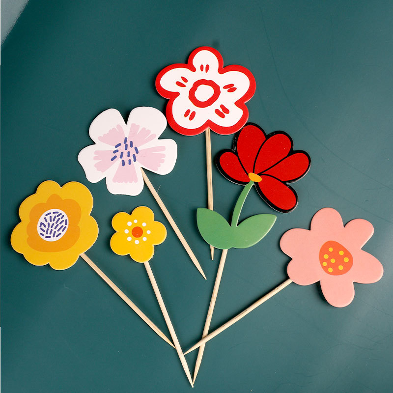 花朵蛋糕装饰 送你一朵小红花蛋糕插卡牙签插片6支 甜品台插件
