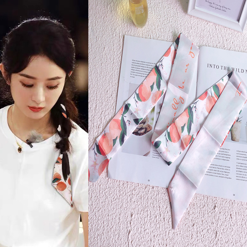 赵丽颖夏新款水果窄长小丝巾编发带扎马尾蝴蝶结包绑饰带腰饰领巾