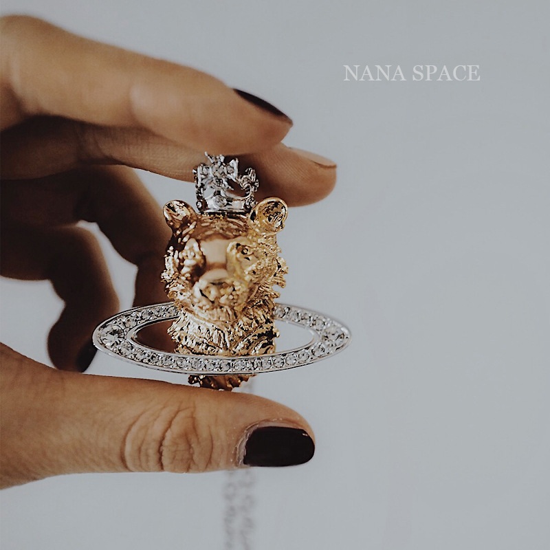 nanaspace-西太后霸气新款镶钻狮子头土星毛衣链项链金银拼色包邮